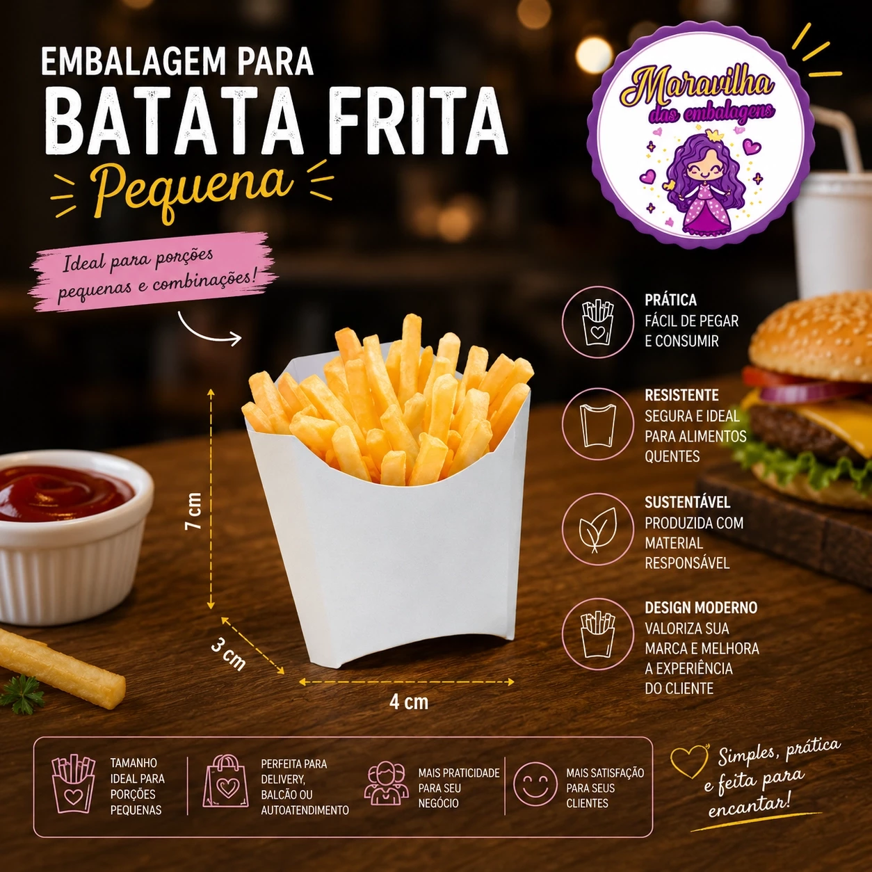 Embalagem para Batata Frita Pequena em papel Branco - 04x03x07 cm - Pacote com 50 unidades