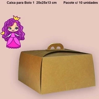 Embalagem Caixa para Bolo 1 em papel Kraft - 25x25x13 - Pacote com 10 Unidades