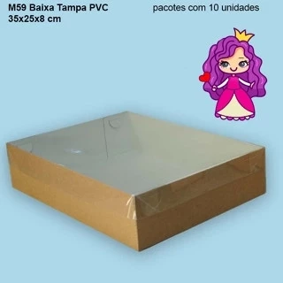 Embalagem M59 Baixa com corpo em papel Kraft e Tampa em PVC Crystal virgem - 35x25x08 cm - Pacote com 5 unidades