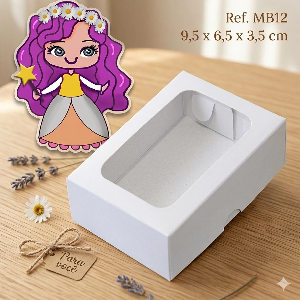 Embalagem MB12 em papel Branco, Laminado Colorido e Visor em PVC Crystal - 3,5x6,5x9,5 cm - Pacote com 10 unidades