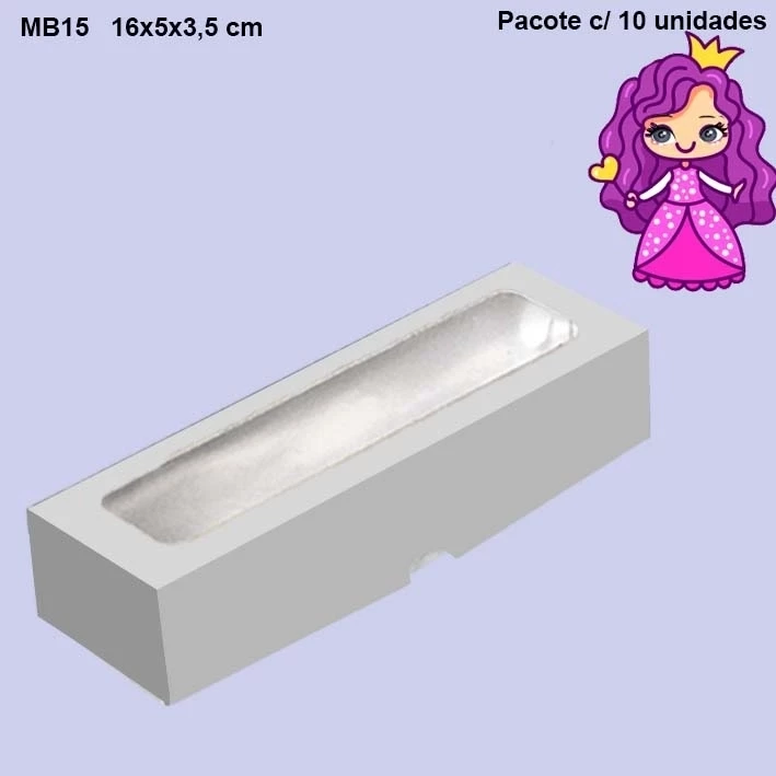 Embalagem MB15 com Visor em papel cartão nas cores Branco, Kraft, Ouro, Prata, Rose Gold e Vermelho - 16x05x3,5 cm- Pacotes com 10 unidades