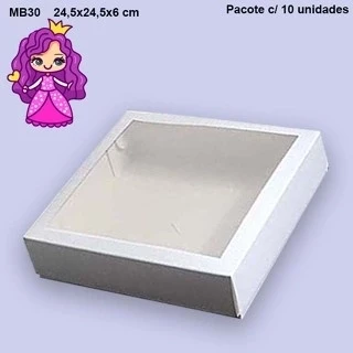Embalagem MB30 com Visor em papel Branco, Kraft, Bronze, Ouro, Prata, Rose Gold e Laminado Vermelho - 24,5x24,5x06 cm - Pacote com 10 unidades