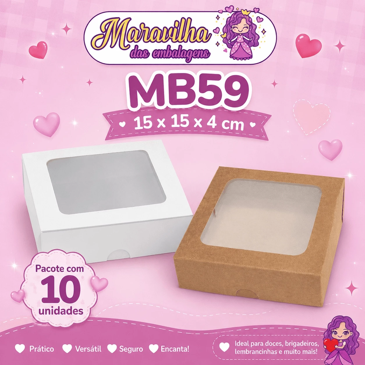 Embalagem MB59 com Visor em papel Kraft e Branco - 15x15x04 cm- Pacotes com 10 unidades