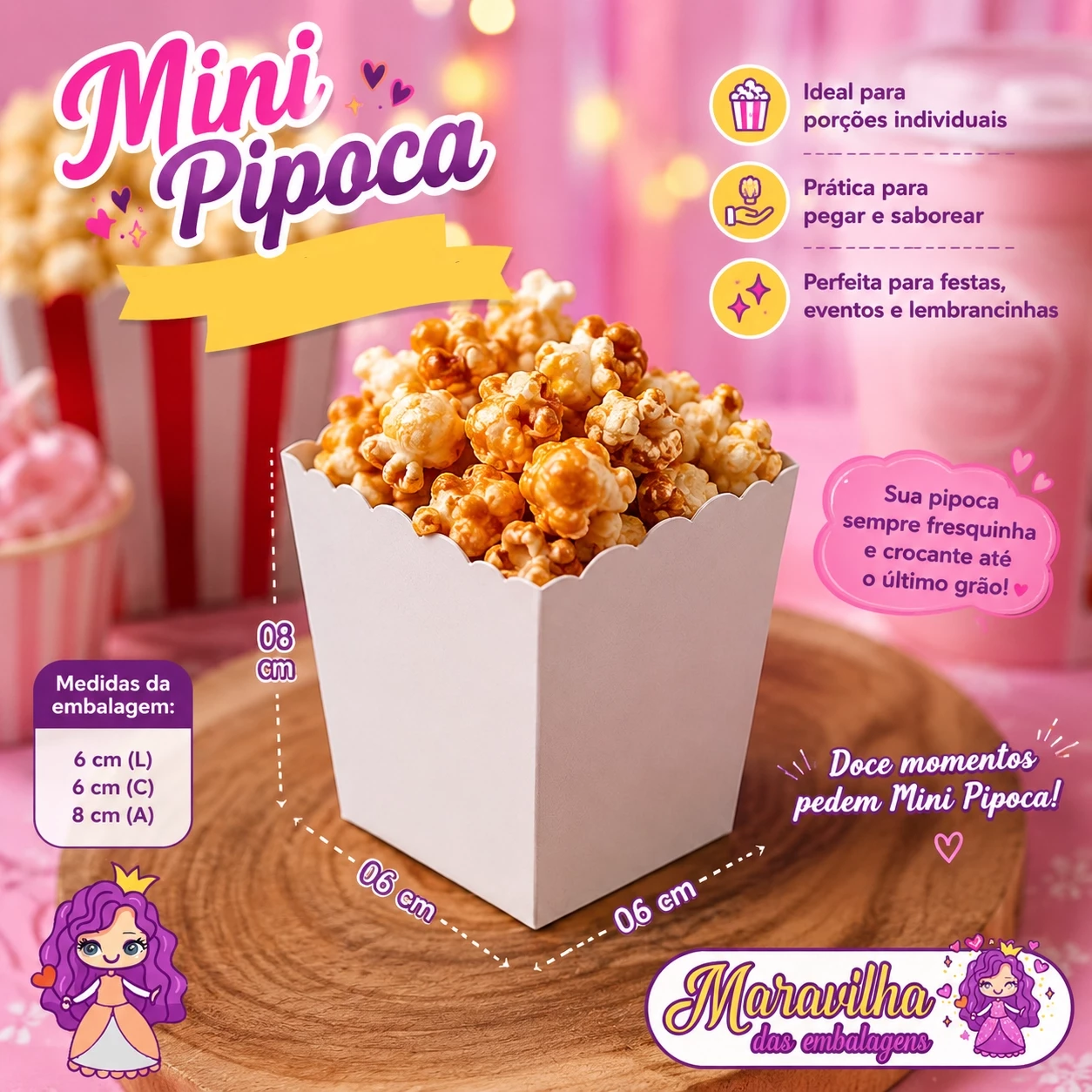 Embalagem Mini Pipoca em papel Branco e em papel Kraft - 06x06x08 cm- Pacotes com 10 unidades