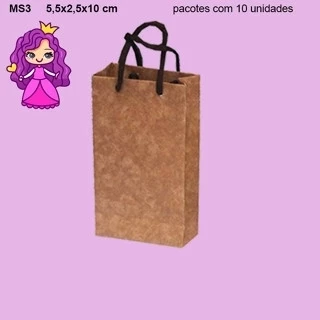 Sacola MS3 em papel Branco e Kraft Liso - 5,5x2,5x10 cm- Pacotes com 10 unidades