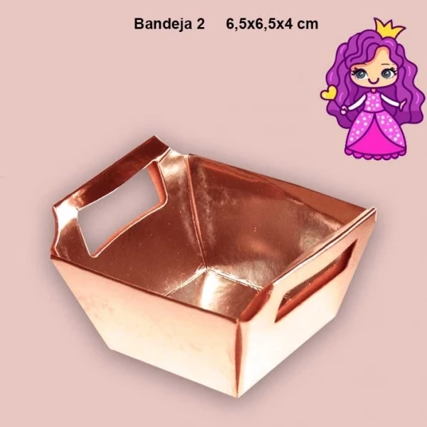 Embalagem Bandeja 02 com alça em papel Kraft e papel Laminado Colorido - Medidas: 6,5x6,5x04cm - Pacote com 10 Unidades