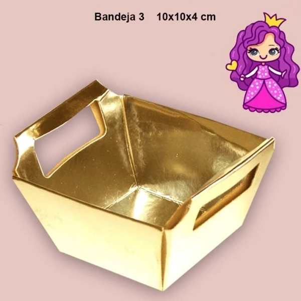 Embalagem Bandeja 03 com alça em papel Kraft | Branco e Laminado Colorido - Medidas: 10x10x04cm - Pacote com 10 Unidades