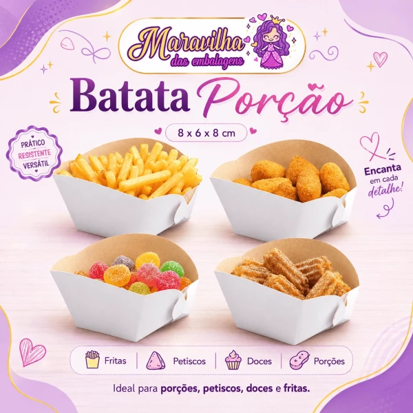 Embalagem para Batata Porção em papel Branco - 08x06x08 cm- Pacotes com 10 unidades