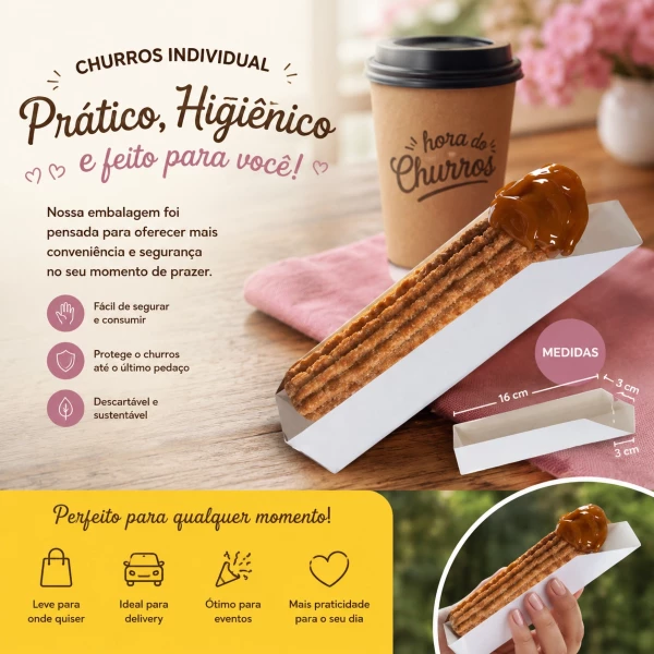 Embalagem Churros individual em papel Branco - 16x3x2,5 cm - Embalagem com 50 unidades