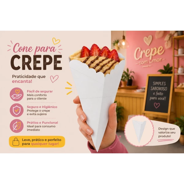 Embalagem Cone para Crepe em papel Branco - 16,5x13 cm - Pacote com 10 unidades