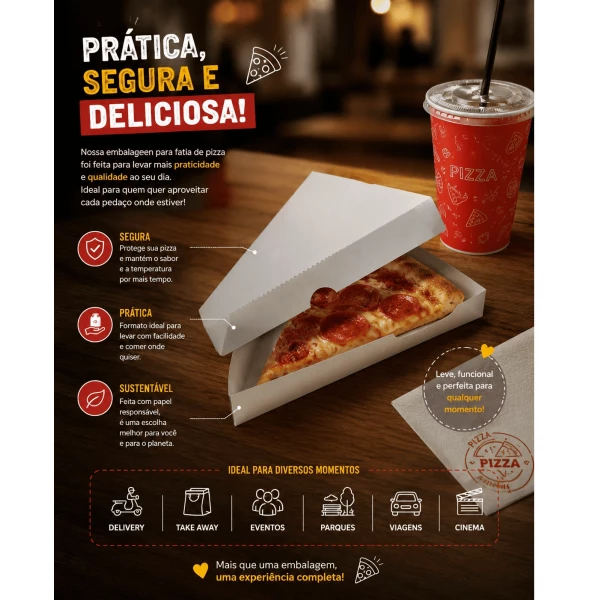 Embalagem para Pedaço de Pizza Viagem em papel Branco - 19x15,5x2,5 cm - Pacote com 10 unidades