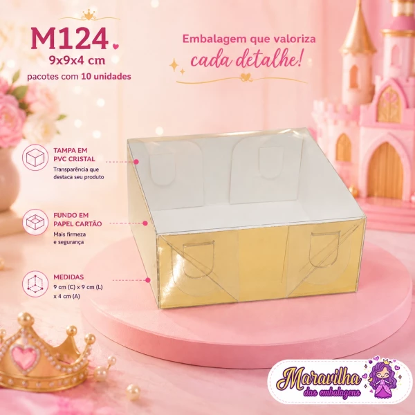 Embalagem M124 com Tampa em PVC e Fundo em papel Ouro, Prata, Rose Gold e Vermelho- 09x09x04cm - Pacote com 10 unidades