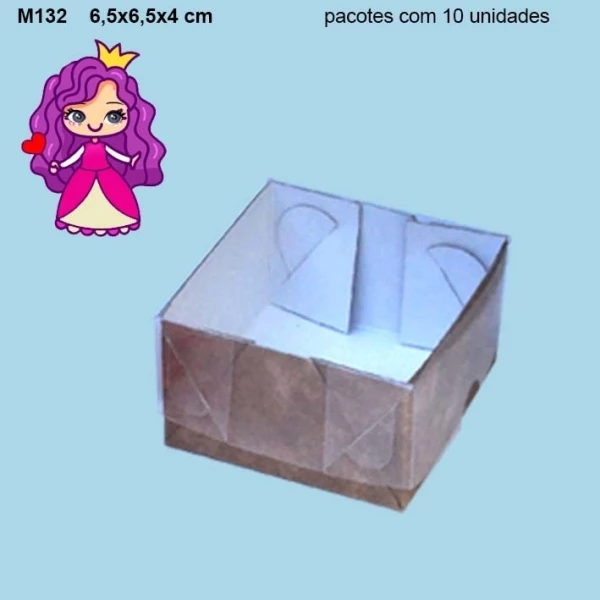 Embalagem M132 com Tampa em PVC Crystal virgem e Fundo em papel Kraft ou Branco - 6,5x6,5x04cm - Pacote com 10 unidades