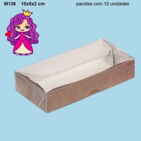 Embalagem M136 com Tampa em PVC Crystal virgem e Fundo em papel Kraft - 10x05x02cm - Pacote com 10 unidades