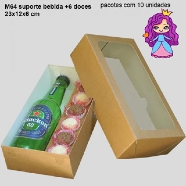 Embalagem de Visor M64 com divisória para Garrafa Long Neck + 6 doces em papel cartão Kraft Klabin- 23x12x06