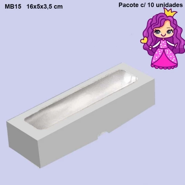 Embalagem MB15 com Visor em papel cartão nas cores Branco, Kraft, Ouro, Prata, Rose Gold e Vermelho - 16x05x3,5 cm- Pacotes com 10 unidades