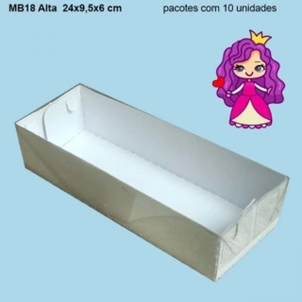 Embalagem MB18 Alta com Tampa em PVC Crystal virgem e Fundo em papel Branco -24x9,5x06cm - Pacote com 10 unidades