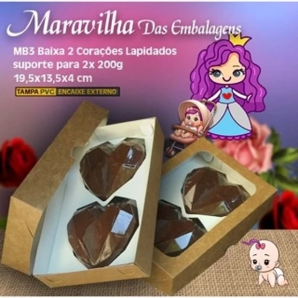 Embalagem MB3 Baixa para Coração Lapidado de 200g em papel na Cor Kraft - 19,5 x 13,5 x 04 cm- Pacotes com 10 unidades