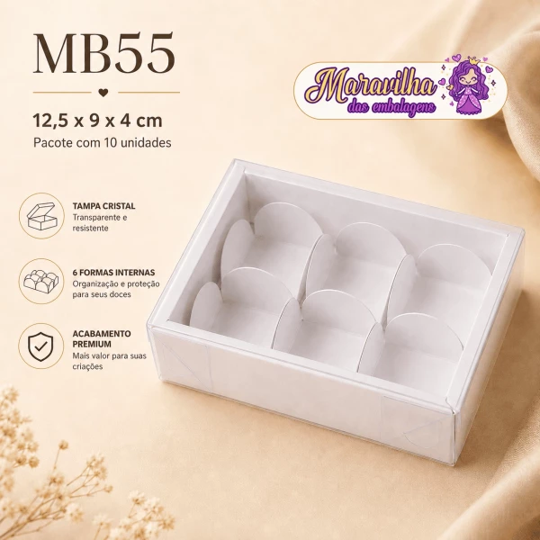Embalagem MB55 em papel Branco | Kraft e Laminado e Tampa em PVC Crystal Virgem- 12,5x09x04cm - Pacote com 10 unidades