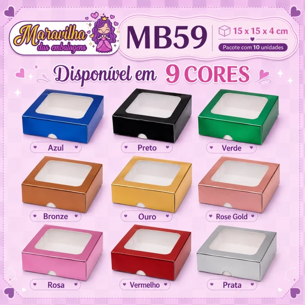 Embalagem MB59 com Visor em papel Laminado nas cores Azul, Preto, Bronze, Ouro, Rose Gold, Rosa, Vermelho e Prata - 15x15x04 cm- Pacotes com 10 unidades
