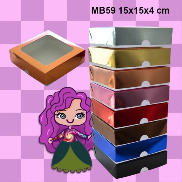 Embalagem MB59 com Visor em papel Laminado nas cores Azul, Preto, Bronze, Ouro, Rose Gold, Rosa, Vermelho e Prata - 15x15x04 cm- Pacotes com 10 unidades