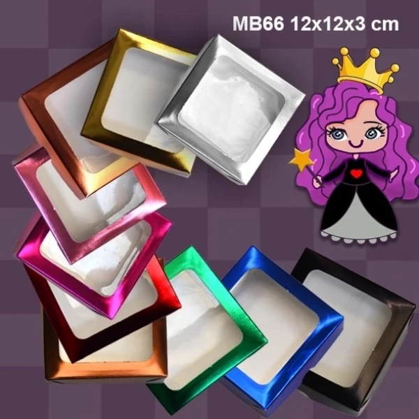 Embalagem MB66 com Visor em papel Branco e Kraft e Laminado nas Cores Azul, Bronze, Ouro, Pink, Rosa, Prata, Rose Gold, Verde, Vermelho e Preto - 12x12x03 cm- Pacotes com 10 unidades