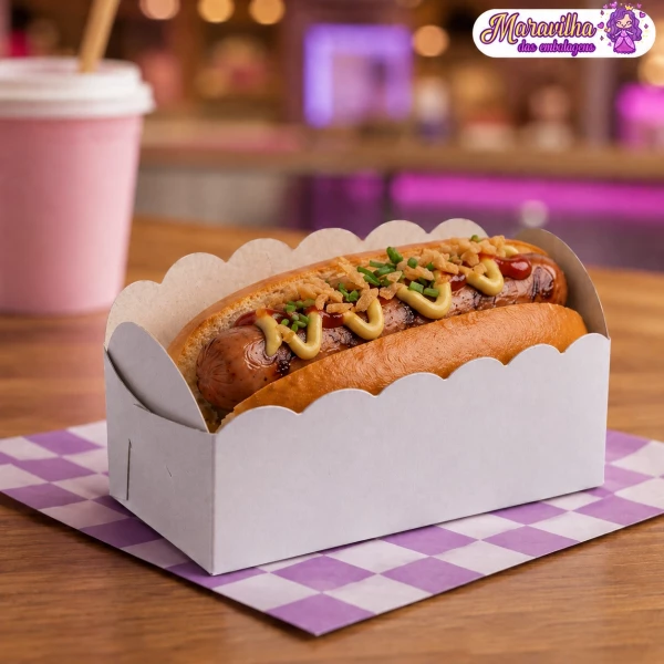 Embalagem para Mini Hot Dog em papel Branco - 11,5x6x5,5 cm - Pacote com 10 unidades