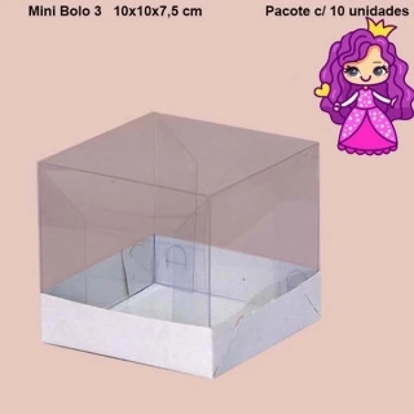 Embalagem com berço para Mini Bolo n°3 em papel cartão branco - 10x10x7,5 cm - Pacote com 10 unidades