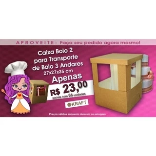 Embalagem Caixa para Bolo 2 em papel Kraft - 27x27x35 - Pacote com 05 Unidades