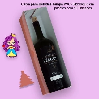 Caixa para Bebida com tampa PVC e fundo em papel Branco, Kraft e Colorido - 34X10X9,5 - Pacote com 10 unidades