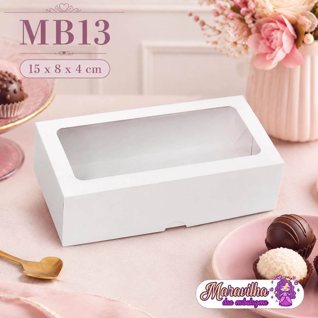 Embalagem MB13 em papel Kraft/Branco e Laminado Colorido e com visor em PVC Crystal- 15x08x04cm - Pacote com 10 unidades